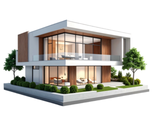 Modern two-story house with expansive windows and clean lines, surrounded by greenery on a black background