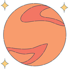 Illustration of a Cartoon Planet With Swirling Reddish Orange Surface And Sparkles In Deep Space Simple Design Isolated On Transparent Background