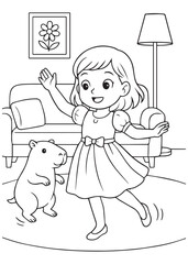 coloring book girl dancing in living room with capybara