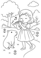 coloring book girl playing flute for capybara in garden