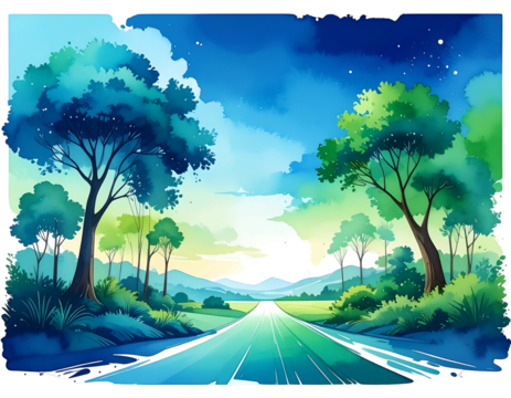 Road stretches into the distance, lined with trees under a vibrant, cloudy sky, hinting at distant mountains