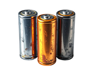 Three cylindrical batteries, two silver with rust, one metallic gold, stand against a solid black background