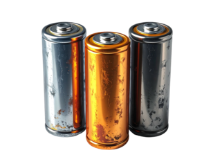 Three cylindrical batteries, two silver with rust, one metallic gold, stand against a solid black background