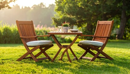 A sunny garden scene with wooden furniture set on vibrant green grass