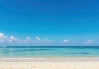 Fototapeta premium Wide view of a pristine tropical beach where the calm ocean water meets the blue sky at the distant horizon line ,water ,scenic ,vacation