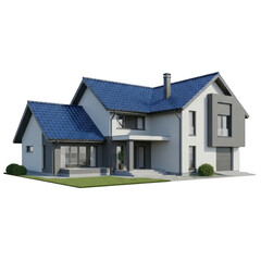 Modern two story white house with blue roof isolated on transparent background