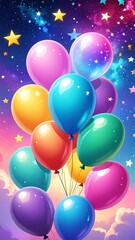 Colorful balloons floating in a cosmic background with stars and clouds
