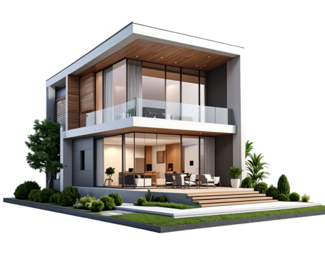 Modern two-story house with white exterior, glass walls, wood accents, and landscaping, isolated on black background