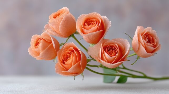 Close up macro photo of peach colored roses with water droplets and warm tone lighting creating a soft romantic atmosphere on a textured background - Powered by Adobe