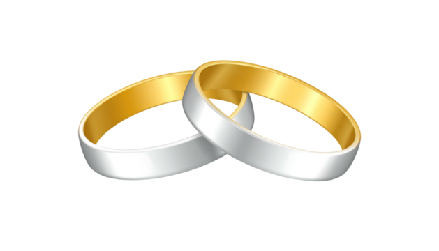 Two entwined rings, one silver outer band with gold inner band, on a black background, symbols of love