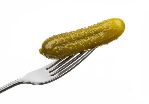 A crisp, green, marinated pickle spear impaled perfectly on a shiny silver fork, ready for tasting. Studio shot on white ,brine ,gourmet ,fork