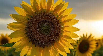 Obraz premium A majestic sunflower capturing the golden hour light, showing bright yellow petals and a textured dark center, symbolizing summer radiance ,petals ,warm ,organic