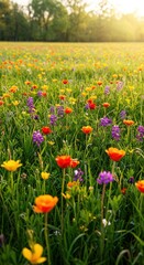 Obraz premium A vibrant tapestry of colorful wildflowers blooming profusely across a sunny, green meadow under a bright, clear spring sky ,sunlight ,wildflowers ,yellow