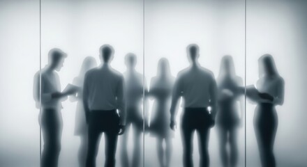 Silhouettes of a professional business team collaborating behind a frosted glass wall in a modern architectural corridor
