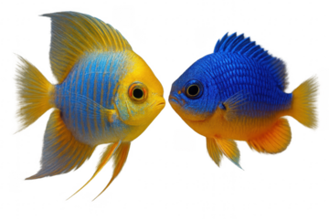 Colorful tropical fish couple touching noses on transparent background