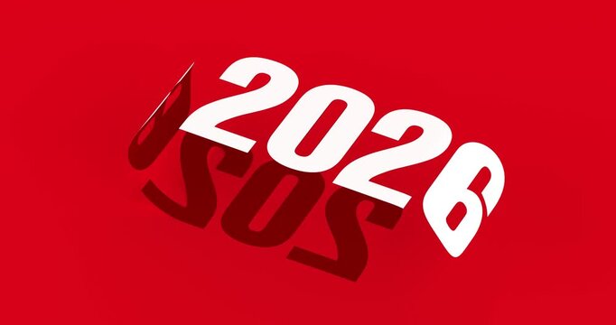 4k Resolution Video: Creative New Year Concept With Rotating 2026 Typography. Bold Red Background With Stylized Shadow Effect