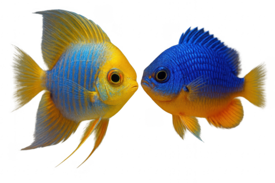 Colorful tropical fish couple touching noses on transparent background - Powered by Adobe