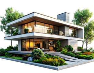 Modern two-story house with glass walls, flat roof, surrounded by lush greenery and stone steps