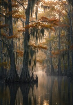 Majestic cypress trees draped in heavy Spanish moss emerge from the tranquil swamp water, creating an ethereal and ancient bayou scene at dawn ,view ,trunk ,cypress
