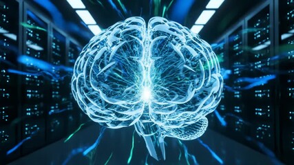 Glowing Brain Model Processing Data in Server Room Animation - Powered by Adobe