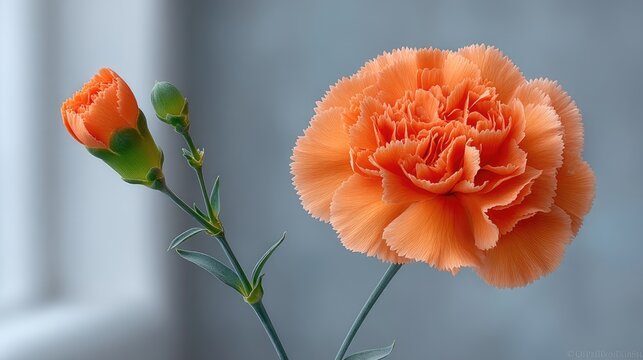 Close up botanical photo of a vibrant orange carnation flower with a bud and water droplets on a muted blue background with soft window light highlighting the petals texture