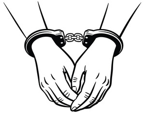 Clasped Hands in Handcuffs Black and White Vector Illustration