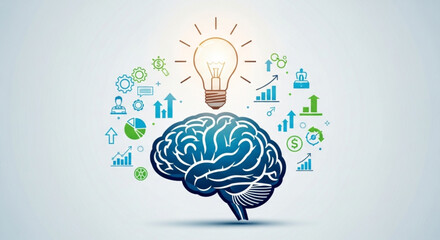 Brain with light bulb and business icons, , representing ideas, innovation, and strategic thinking for business success and growth
