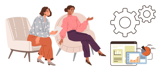 Two women seated on modern chairs in conversation, gears symbolizing processes, and charts showing data analysis. Ideal for teamwork, collaboration, communication, analytics, planning, mentoring