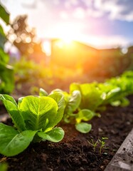 Row of vibrant lettuce plants bathed in warm sunlight
