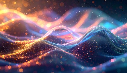 Abstract, glowing, wavy lines of light and particles with a dark background