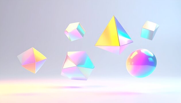 Abstract geometric shapes with iridescent surfaces float against a soft, gradient background - Powered by Adobe