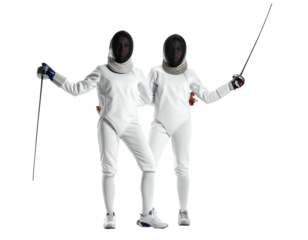 Two fencers in white uniforms and masks hold foils, posed closely together against a stark black background