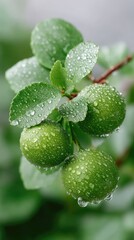 Close-up Botanical View of Four Small Round Green Citrus Fruits on a Branch Covered in Water Droplets with Lush Green Leaves in Soft Natural Light