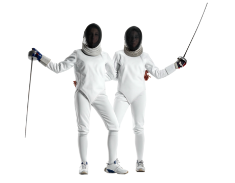 Two fencers in white uniforms and masks hold foils, posed closely together against a stark black background - Powered by Adobe