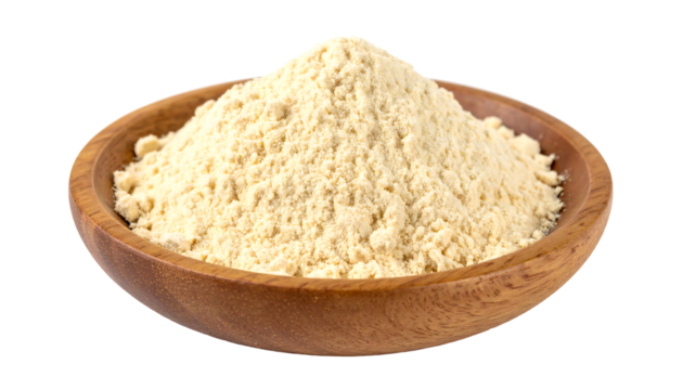 Pile of light brown powder in a small wooden bowl, centered and isolated on transparent background