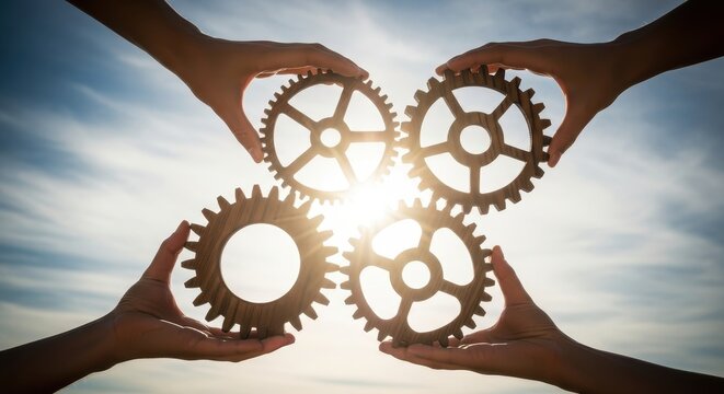 Four hands connect interlocking wooden gears against a vibrant sunlit sky, powerfully symbolizing effective teamwork, collaboration, and collective problem-solving for shared growth and success