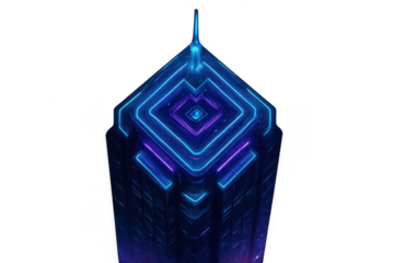 Futuristic skyscraper building glowing with blue and purple neon lights