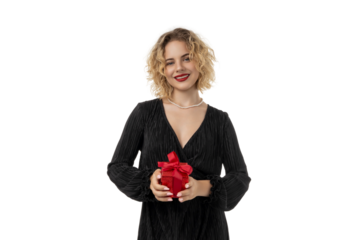 Woman smiles with a red gift box ready to give, isolated, PNG