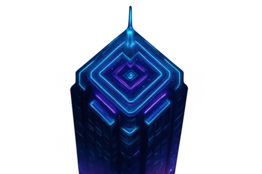 Futuristic skyscraper building glowing with blue and purple neon lights