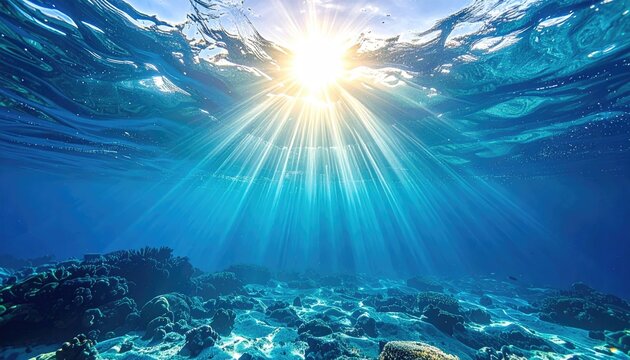 Underwater Sunlight Rays Illuminating Ocean Floor Sand and Ripples Above