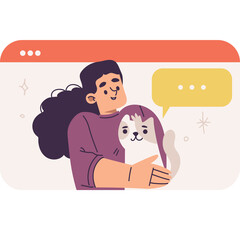 Illustration of a joyful person holding a cute cat with a speech bubble indicating communication or conversation on a transparent background