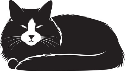 Charming tuxedo cat silhouette with white chest marking resting contentedly captured in a stylized graphic