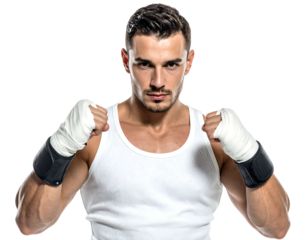 Muscular man in a white tank top with wrapped hands, looking directly at the viewer against a dark background