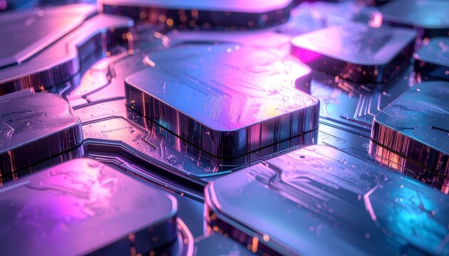Close-up of a futuristic circuit board with glowing, reflective geometric shapes - Powered by Adobe