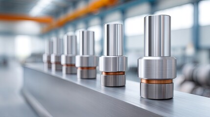 Close Up Industrial Photograph of Automotive Engine Parts Lined Up in a Factory Setting Featuring Silver Metal and Copper Accents with Blurred Background and Overhead Crane