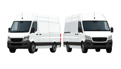 Two white cargo vans with dark trim, angled and side by side, against a black background