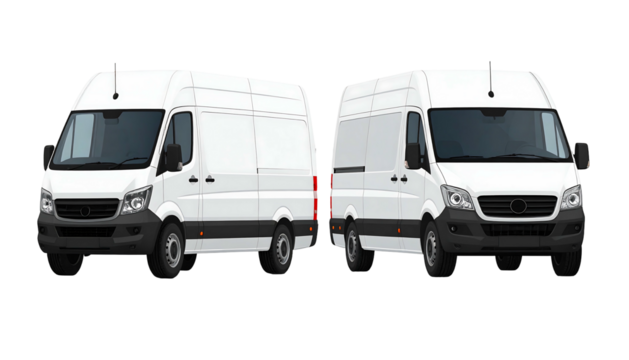 Two white cargo vans with dark trim, angled and side by side, against a black background