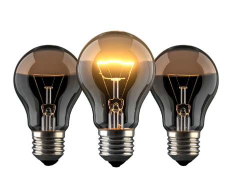 Three lightbulbs, one illuminated brightly, flanking two that are unlit, arranged against a black background