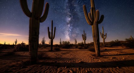 Majestic saguaro cacti silhouetted against a starry night sky