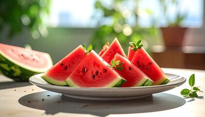 Sliced watermelon wedges arranged on a plate, garnished with mint